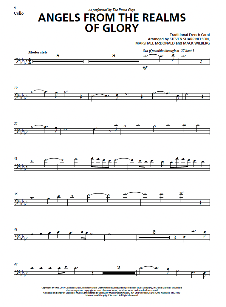 "Angels From The Realms Of Glory" - Sheet Music Single (+Optional Cello) (PDF DOWNLOAD ONLY)