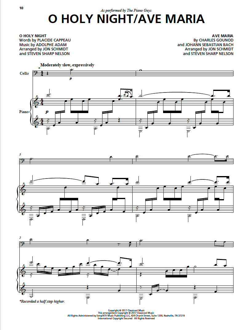 "O Holy Night/Ave Maria" - Sheet Music Single (+Optional Cello) (PDF DOWNLOAD ONLY)