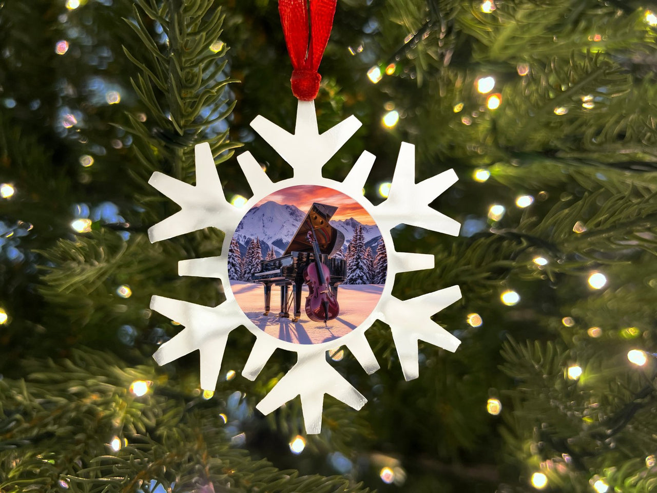 Holiday Sessions snowflake ornament on the tree