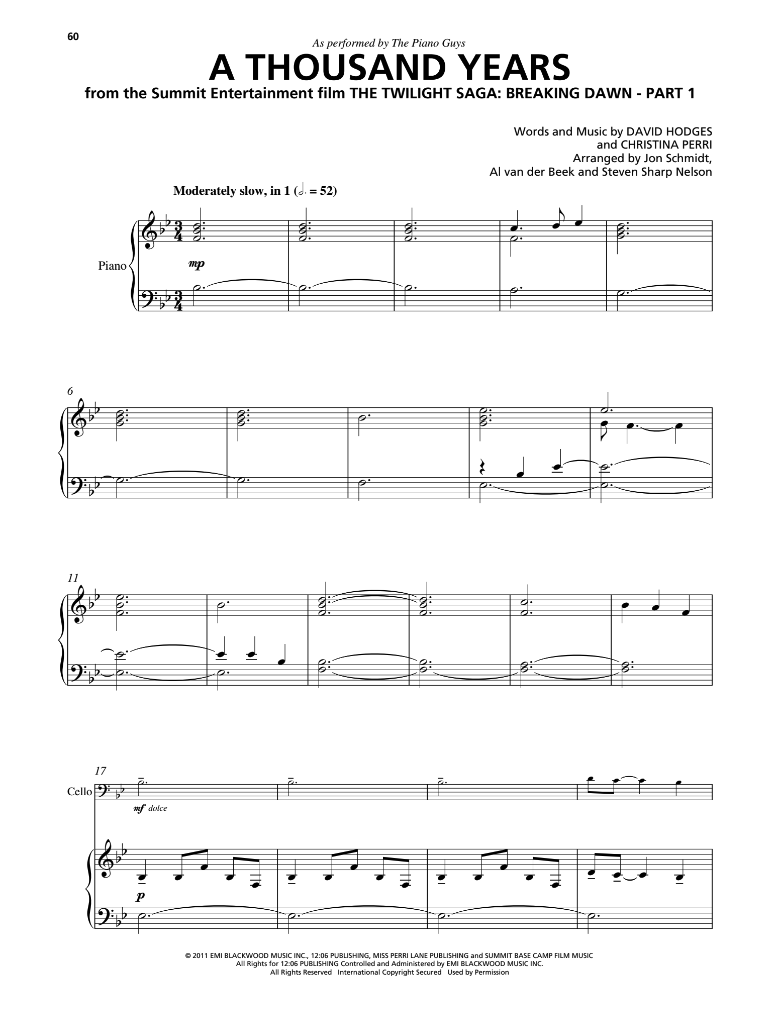 "A Thousand Years" - Sheet Music Single + Optional Cello (PDF DOWNLOAD ONLY)