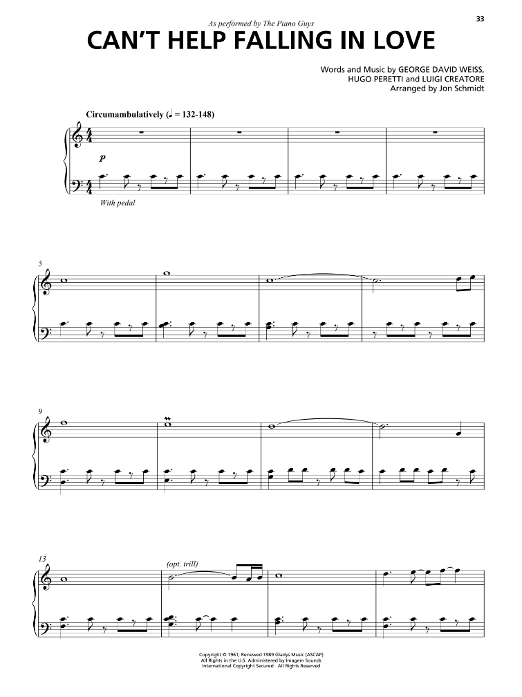 Can't Help Falling in Love - Piano Solo Sheet Music (PDF DOWNLOAD ONLY)