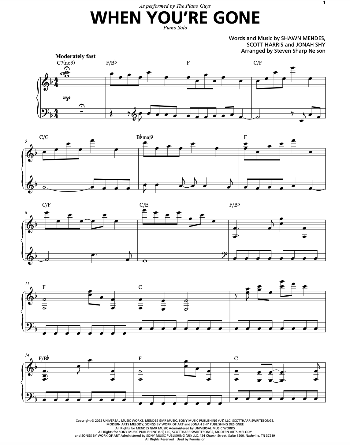 When You're Gone Piano Solo Sheet Music Digital Download (PDF)