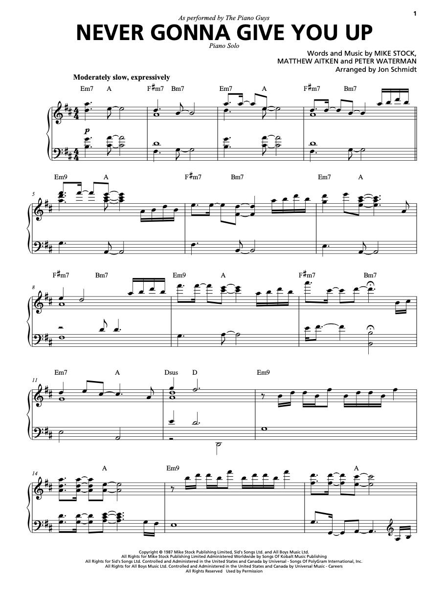 Never Gonna Give You Up Piano Solo Sheet Music Digital Download (PDF)