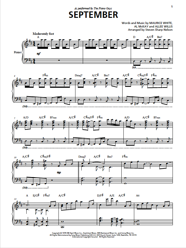 September Piano Solo Sheet Music Digital Download (PDF)