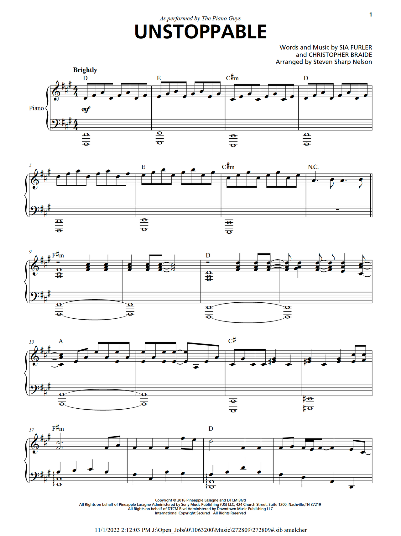 Unstoppable Piano Solo Sheet Music Digital Download (PDF)